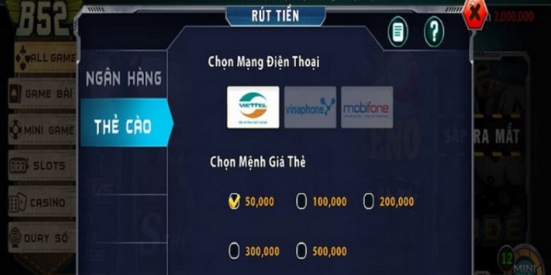 Rút tiền qua thẻ cào có mệnh giá tối đa là 500.000 VNĐ